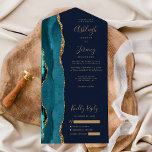 Aquamarin Agate Gold Navy Blue Wedding All In One Einladung<br><div class="desc">Die links Kulisse dieses eleganten, modernen und einladenden Hochzeitszimmers und der UAWG besticht durch eine aquamarine, blaue Aquarellgrenze mit vergoldetem Imitat-Glitzer. Der anpassbare Text kombiniert goldfarbene whimsical Handschriftenschrift, Copperplate und kursiv Schriftart auf marineblarem Hintergrund. Die Rücksendeadresse erscheint auf der Außentafel und auf der Rückseite der abnehmbaren RSVP-Karte in goldfarbenem Text...</div>