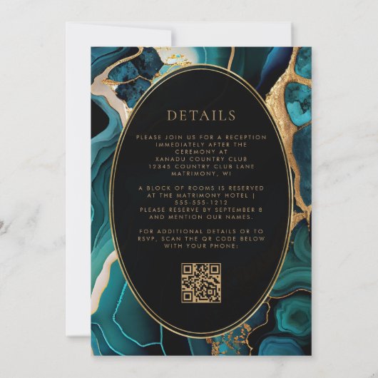 Aquamarin Agate Gold Oval Frame QR Code Hochzeit Einladung (Rückseite)