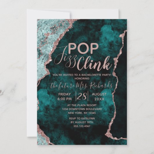 Aquamarin Agate Pop Fizz Clink Junggeselinnen-Absc Einladung (Vorderseite)