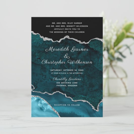 Aquamarin Agate Silver Glitzer Geode Formal Hochze Einladung (Stehend Vorderseite)