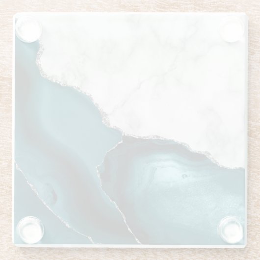 Aquamarin Agate Silver Glitzer Weißer Imitat Marmo Glasuntersetzer (Rückseite)