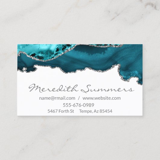 Aquamarin Agate Stone Silver Metallic Custom Visitenkarte (Rückseite)