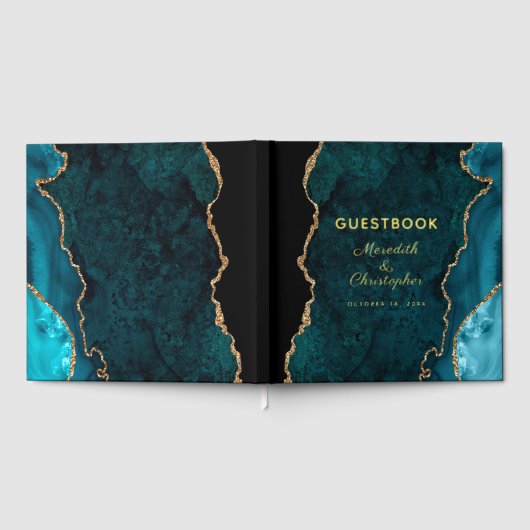 Aquamarin Agate Wedding Gold Gästebuch (Voll)