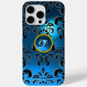 AQUAMARIN AQUA BLUE BLACK DAMASK GEMSTONE MONOGRAM Case-Mate iPhone HÜLLE (Rückseite)