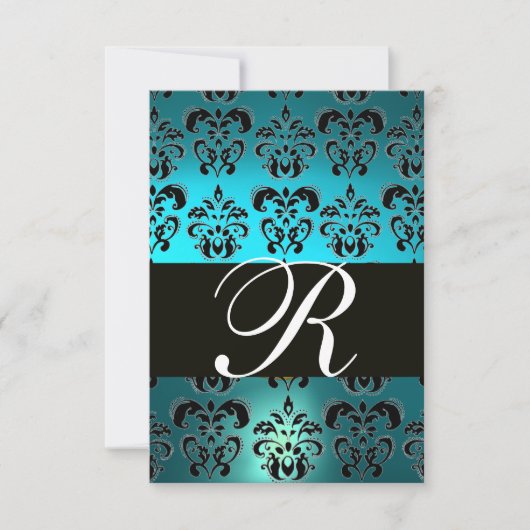 AQUAMARIN AQUA BLUE BLACK DAMASK MONOGRAMM UAWG RSVP KARTE (Vorderseite)
