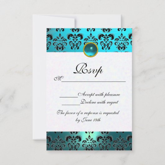 AQUAMARIN AQUA BLUE BLACK DAMASK MONOGRAMM UAWG RSVP KARTE (Rückseite)