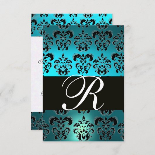 AQUAMARIN AQUA BLUE BLACK DAMASK MONOGRAMM UAWG RSVP KARTE (Vorne/Hinten)