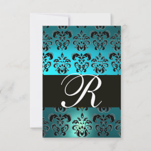 AQUAMARIN AQUA BLUE BLACK DAMASK MONOGRAMM UAWG RSVP KARTE
