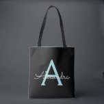 Aquamarin Aqua Blue Girly Script Monogram Name Mod Tasche<br><div class="desc">Schwarz und Aquamarin Aqua Blue Elegant Fügen Sie Ihren eigenen Namen Monogram Book Bag. Diese Büchertasche kann auf Ihren Vor- und Vornamen angepasst werden und als Geschenk für Weihnachten,  Geburtstag,  Brautparty oder Hochzeit.</div>