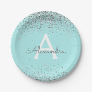 Aquamarin Aqua Blue Glitzer Sparkle Monogram Birth Pappteller