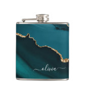 Aquamarin Aqua Blue Green Agate Geode Gold Monogra Flachmann (Vorderseite)