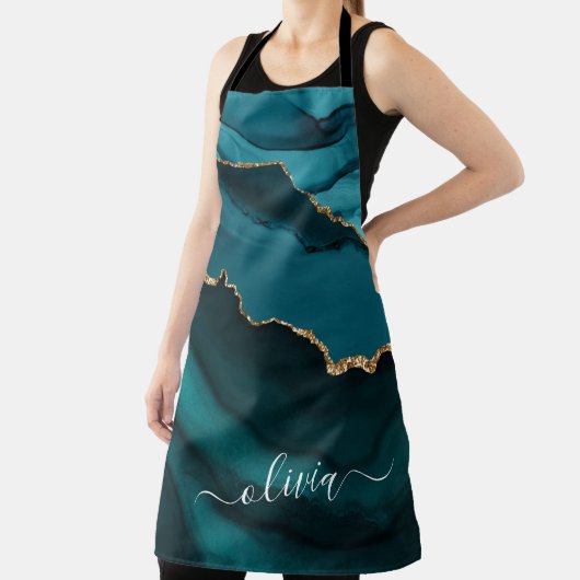 Aquamarin Aqua Blue Green Agate Geode Gold Monogra Schürze (InSitu)