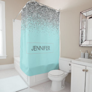 Aquamarin Aqua Blue Silver Glitzer Girl Monogram N Duschvorhang