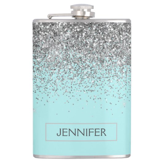 Aquamarin Aqua Blue Silver Glitzer Girl Monogram N Flachmann (Vorderseite)