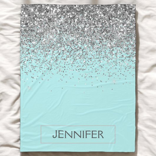 Aquamarin Aqua Blue Silver Glitzer Girl Monogram N Fleecedecke