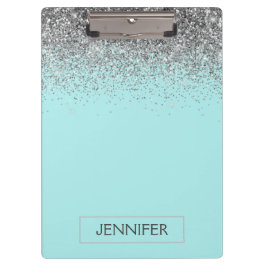 Aquamarin Aqua Blue Silver Glitzer Girl Monogram N Klemmbrett