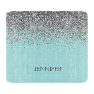Aquamarin Aqua Blue Silver Glitzer Girl Monogram N Schneidebrett