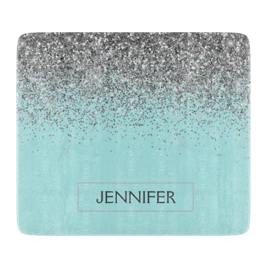 Aquamarin Aqua Blue Silver Glitzer Girl Monogram N Schneidebrett (Vorderseite)