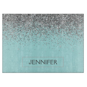 Aquamarin Aqua Blue Silver Glitzer Girl Monogram N Schneidebrett