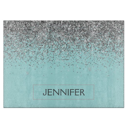 Aquamarin Aqua Blue Silver Glitzer Girl Monogram N Schneidebrett (Vorderseite)