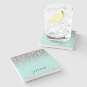 Aquamarin Aqua Blue Silver Glitzer Girl Monogram N Steinuntersetzer (Seitenansicht)