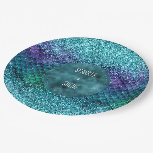 Aquamarin Aqua Lila Mermaid Sparkle Glitzer Pappteller (Schrägansicht)