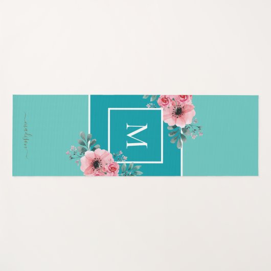 Aquamarin & Aqua | Monogramm der Aquarellfarben-Bl Yogamatte (Vorderseite (Horizontal))