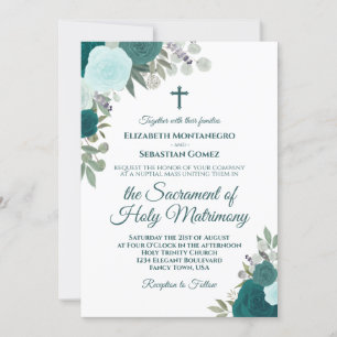 Aquamarin & Aqua Rose Moderne katholische Hochzeit Einladung