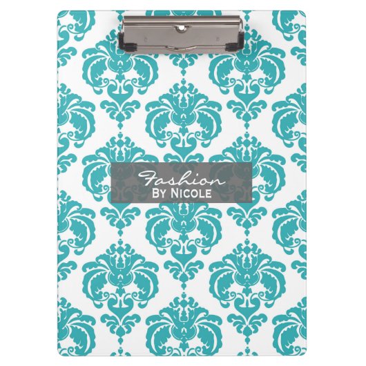 Aquamarin Aqua White Damask Chic Glam Personalisie Klemmbrett (Vorderseite)