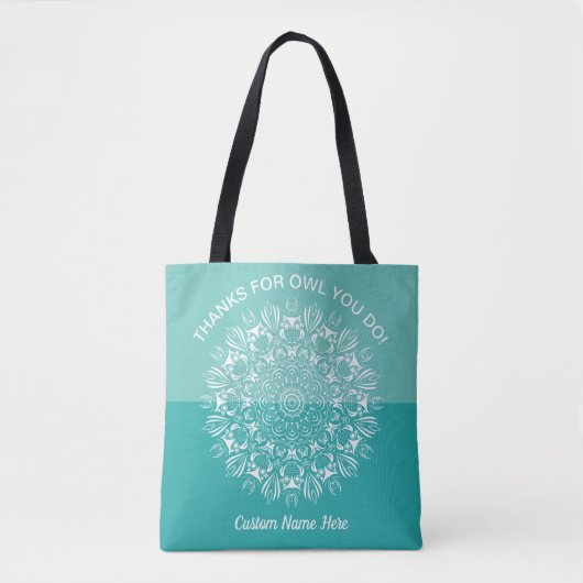Aquamarin Aqua white owl mandala Lehrer Wertschätz Tasche (Vorderseite)