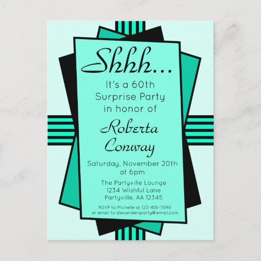 Aquamarin Art Deco 60. Überraschung Party Geburtst Einladungspostkarte (Vorderseite)