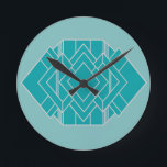 Aquamarin Art Deco Quilt Inspiriert Runde Wanduhr<br><div class="desc">Diese Uhr, hat eine Kunst Deko quilt-inspiriert Design von Diamanten-Formen und ein Rechteck, in aquamarin und silber, auf einem Feld von leichter aquamarin.</div>