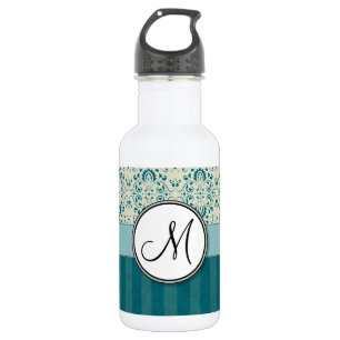 Aquamarin auf CremeDamaske mit Streifen und Monogr Trinkflasche