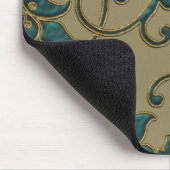 Aquamarin auf Tan Satin Damask Mousepad (Ecke)