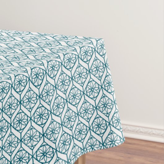 Aquamarin auf weißem ethnischem Muster, Blume, Che Tischdecke (Beispiel)