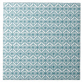 Aquamarin auf weißem ethnischem Muster, Blumen, Fliese (Vorderseite)