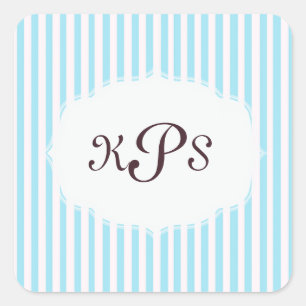 Aquamarin Babyblau gestreifter Monogramm-Aufkleber Quadratischer Aufkleber