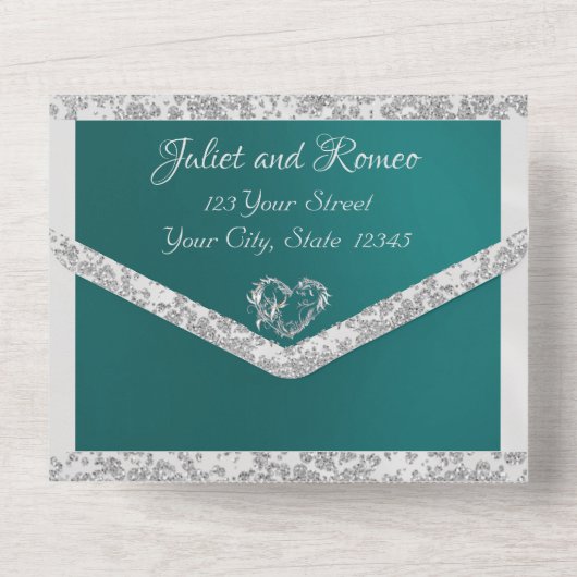 Aquamarin, Band und Glitzer - Grenze und Herz All In One Einladung (Rückseite)