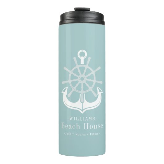 Aquamarin Beach House Familienname Anchor Thermosbecher (Vorderseite)