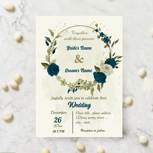 aquamarin-beige-Blume botanische Hochzeit Einladung