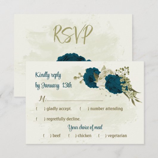 aquamarin-beige-Blume botanische Hochzeit RSVP Karte (Vorne/Hinten)
