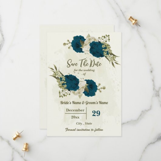 aquamarin-beige-Blume botanische Hochzeit Save The Date (Vorderseite/Rückseite Beispiel)