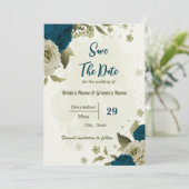 aquamarin-beige-Blume botanische Hochzeit Save The Date (Stehend Vorderseite)