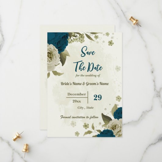 aquamarin-beige-Blume botanische Hochzeit Save The Date (Vorderseite/Rückseite Beispiel)