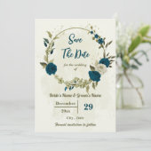 aquamarin-beige-Blume botanische Hochzeit Save The Date (Stehend Vorderseite)