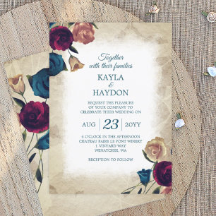 Aquamarin, Beige Burgund Rose Garden Wedding Einladung