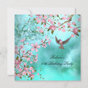 Aquamarin Bird Pink Asian Blossom Geburtstagsparty Einladung