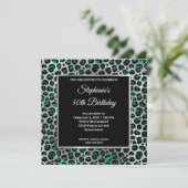 Aquamarin Black and Silver Leopard Glam 50. Geburt Einladung (Stehend Vorderseite)