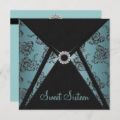 Aquamarin Black Damask 16 . Geburtstag Party Einladung (Vorne/Hinten)