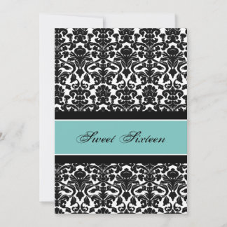 Aquamarin Black Damask 16. Geburtstagsparty Einlad Einladung